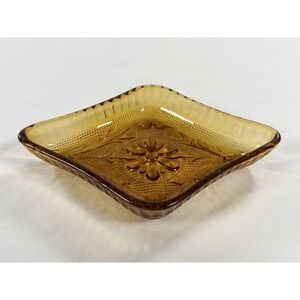 Vintage Indiana Glass Amber Tiara Daisy Diamond Dish Jewelry Ring Tray Ashtray